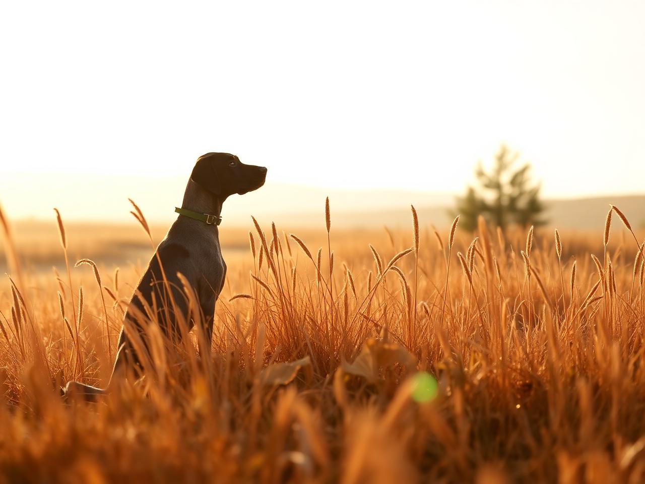 Pointer dog on point in golden grass