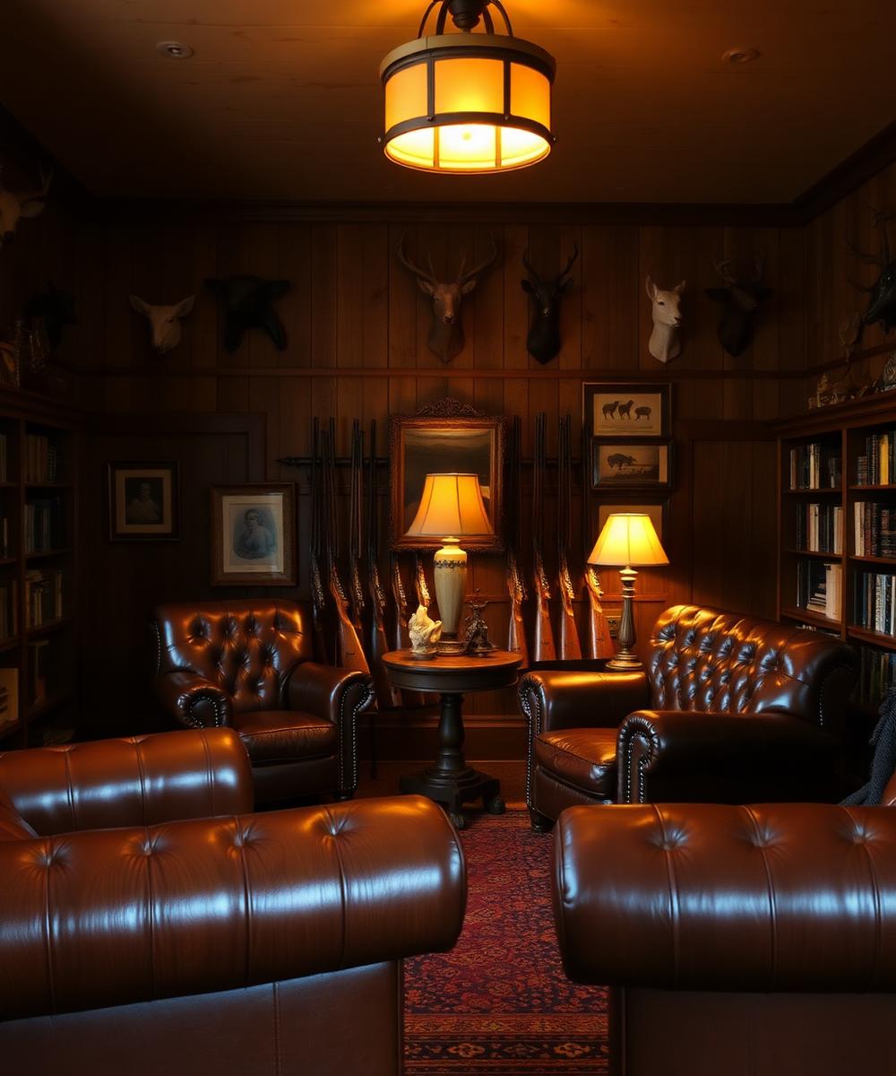Warm ranch library interior with leather chairs and amber light